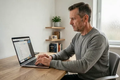 Un homme d'une quarantaine d'années utilisant un lecteur d'écran sur son ordinateur portable dans un bureau à domicile, illustrant l'accessibilité numérique au quotidien