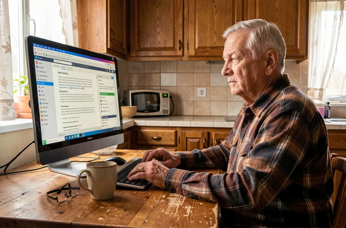 Un homme âgé utilisant un ordinateur avec une interface à grand texte et fort contraste dans une cuisine, mettant en avant l'accessibilité web pour les seniors