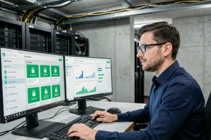 Administrateur informatique gérant des certificats SSL sur un poste de travail dans une salle serveur moderne