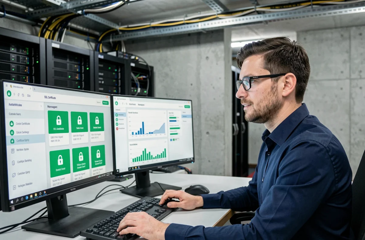 Administrateur informatique gérant des certificats SSL sur un poste de travail dans une salle serveur moderne