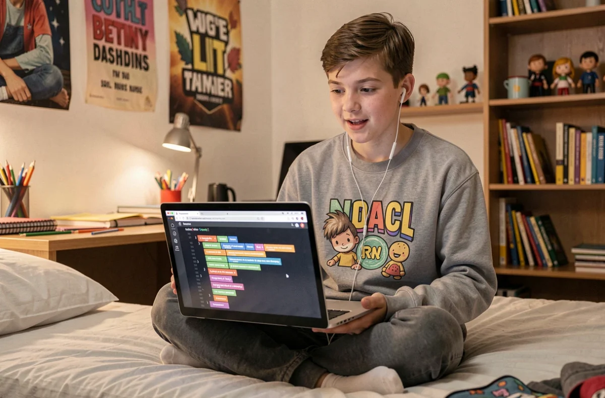 Adolescent débutant apprenant le codage sur un ordinateur portable dans sa chambre d'étudiant avec des tutoriels en ligne