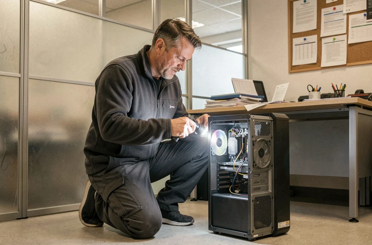 Technicien d'Aid'Informatique fournissant une assistance informatique dans un bureau au Mans