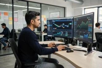 Ingénieur en train d'analyser des données en temps réel sur plusieurs écrans dans un bureau tech moderne