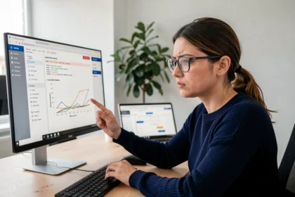 Développeuse web analysant des erreurs de SEO technique sur l'écran d'un ordinateur dans un bureau moderne