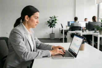 Professionnelle analysant des données de référencement SEO sur un ordinateur portable dans un bureau moderne