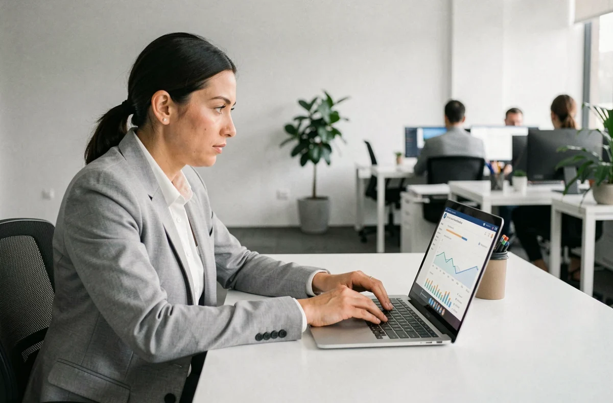 Professionnelle analysant des données de référencement SEO sur un ordinateur portable dans un bureau moderne