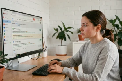Femme analysant les balises meta description sur un écran d'ordinateur pour optimiser le taux de clics en recherche