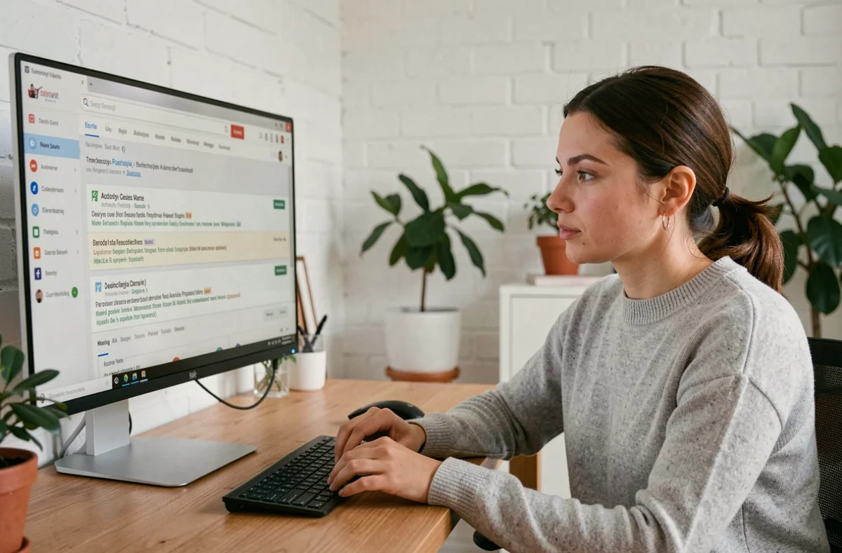 Femme analysant les balises meta description sur un écran d'ordinateur pour optimiser le taux de clics en recherche