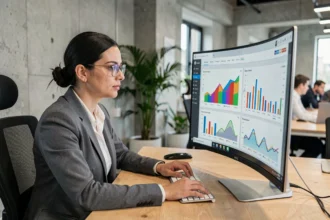 Professionnelle analysant les performances d'un site web sur un grand écran d'ordinateur avec des tableaux de bord analytiques colorés