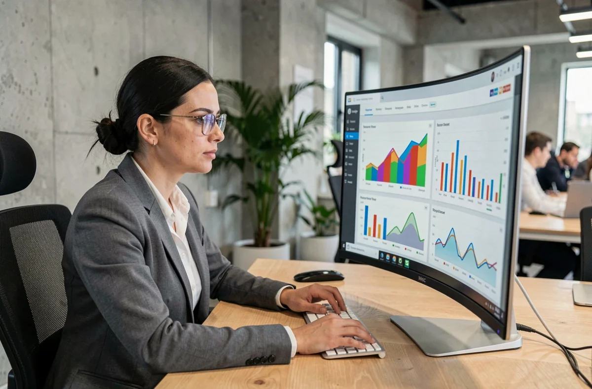 Professionnelle analysant les performances d'un site web sur un grand écran d'ordinateur avec des tableaux de bord analytiques colorés