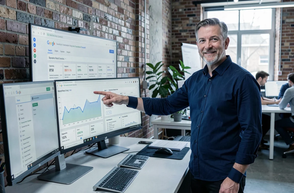 Homme en espace de coworking analysant des données de référencement naturel gratuit sur deux écrans affichant Google Search Console et un outil de mots-clés