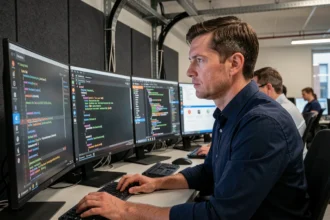 Analyste en cybersécurité surveillant des alertes de phishing générées par intelligence artificielle sur plusieurs écrans dans un bureau moderne