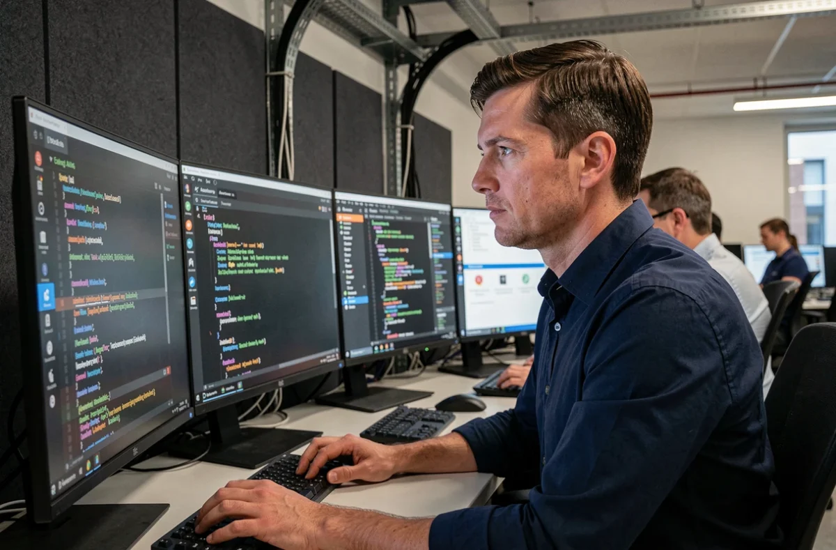 Analyste en cybersécurité surveillant des alertes de phishing générées par intelligence artificielle sur plusieurs écrans dans un bureau moderne