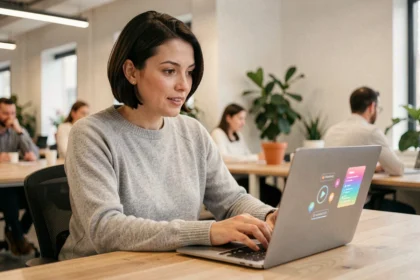 Femme utilisant une interface web avec animations sur un ordinateur portable dans un bureau moderne