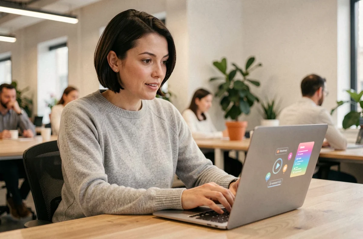 Femme utilisant une interface web avec animations sur un ordinateur portable dans un bureau moderne