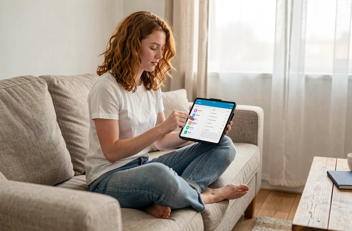 Jeune adulte utilisant une application de gestion de mots de passe sur une tablette dans un salon