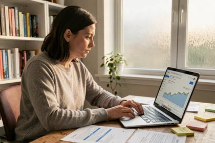Femme apprenant le référencement naturel sur un ordinateur portable avec des données SEO affichées à l'écran dans un bureau à domicile
