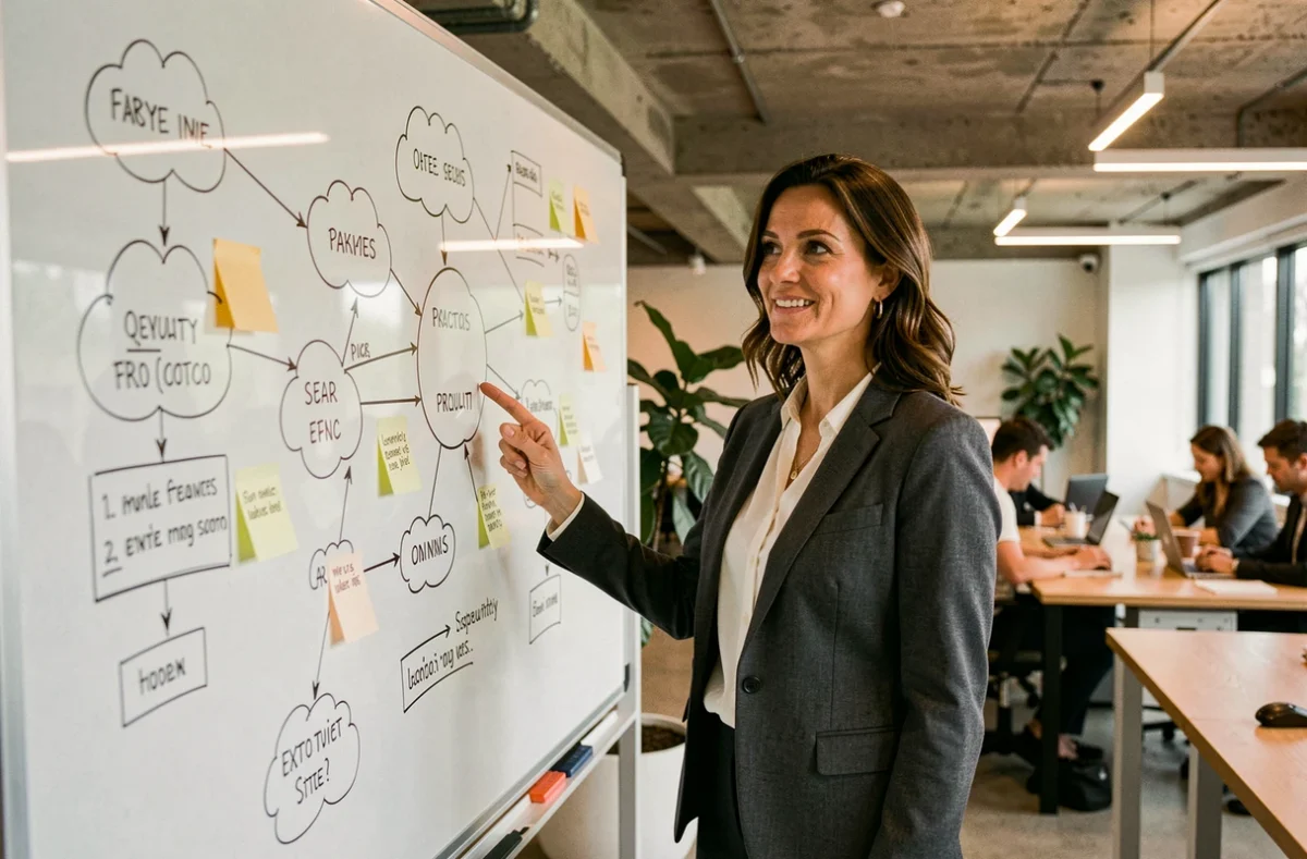 Architecte cloud femme présentant des schémas de sécurité sur un tableau en verre dans un bureau tech moderne