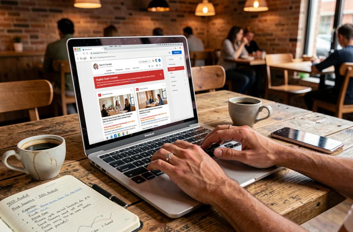 Mains d'un rédacteur web travaillant sur un audit de contenus dupliqués depuis un café avec un laptop ouvert