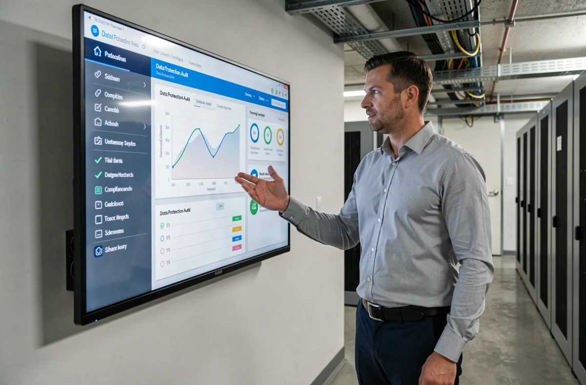 Consultant informatique présentant un tableau de bord d'audit RGPD sur un écran mural dans une salle technique