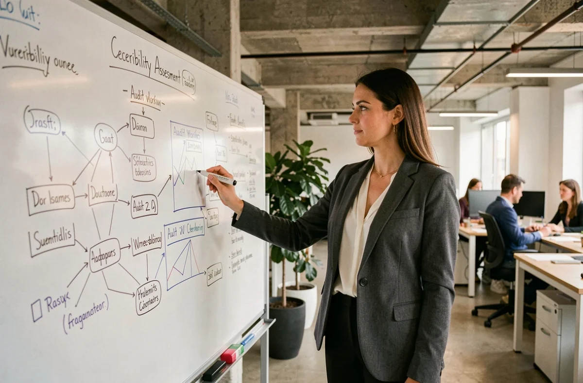 Auditrice en cybersécurité présentant un diagramme d'évaluation des vulnérabilités sur un tableau blanc en open space