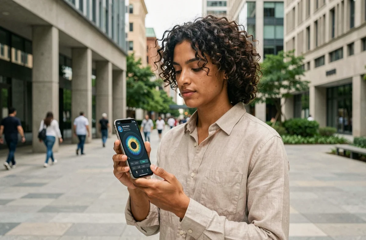 Personne effectuant une authentification biométrique par iris sur smartphone en ville