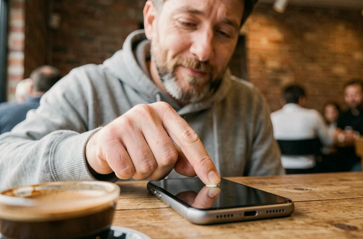 Homme utilisant le capteur d'empreinte digitale de son smartphone dans un café urbain