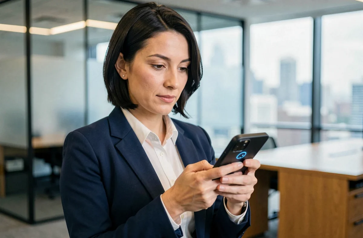 Femme déverrouillant son smartphone avec la reconnaissance faciale dans un bureau moderne