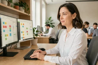 Femme regardant un logiciel d'automatisation sur deux écrans dans un bureau moderne, illustrant l'automatisation des tâches répétitives