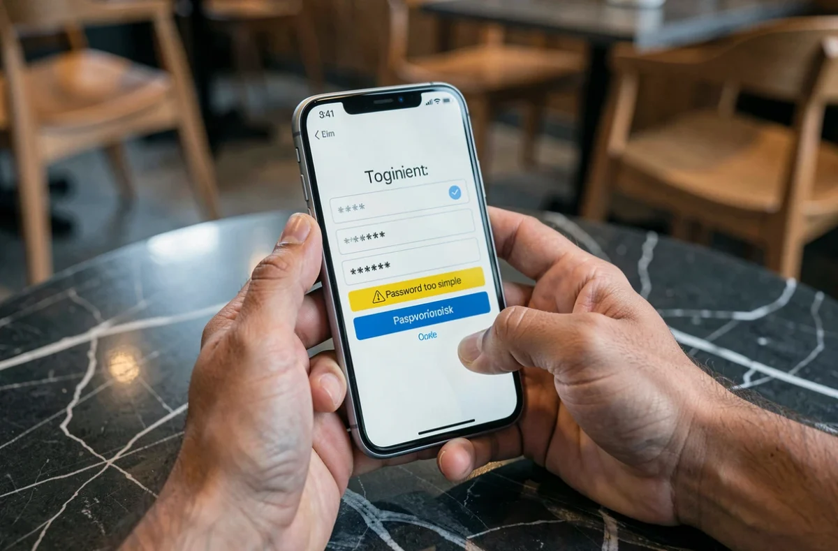 Gros plan sur un smartphone affichant un avertissement de mot de passe trop simple