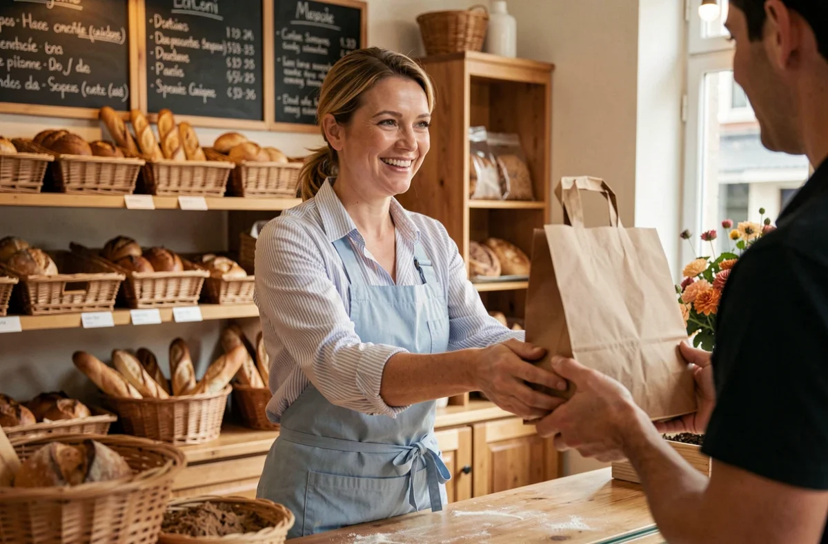 Boulangère de quartier souriante remettant une commande à un client dans sa boutique locale, illustrant l'attractivité d'un commerce de proximité grâce au SEO local