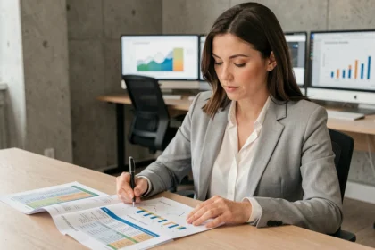 Une professionnelle analyse le budget SEO sur des rapports imprimés dans un bureau moderne