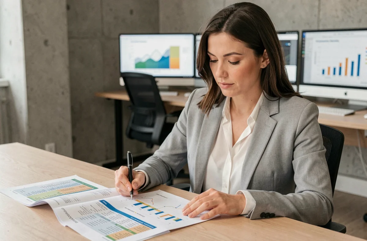 Une professionnelle analyse le budget SEO sur des rapports imprimés dans un bureau moderne