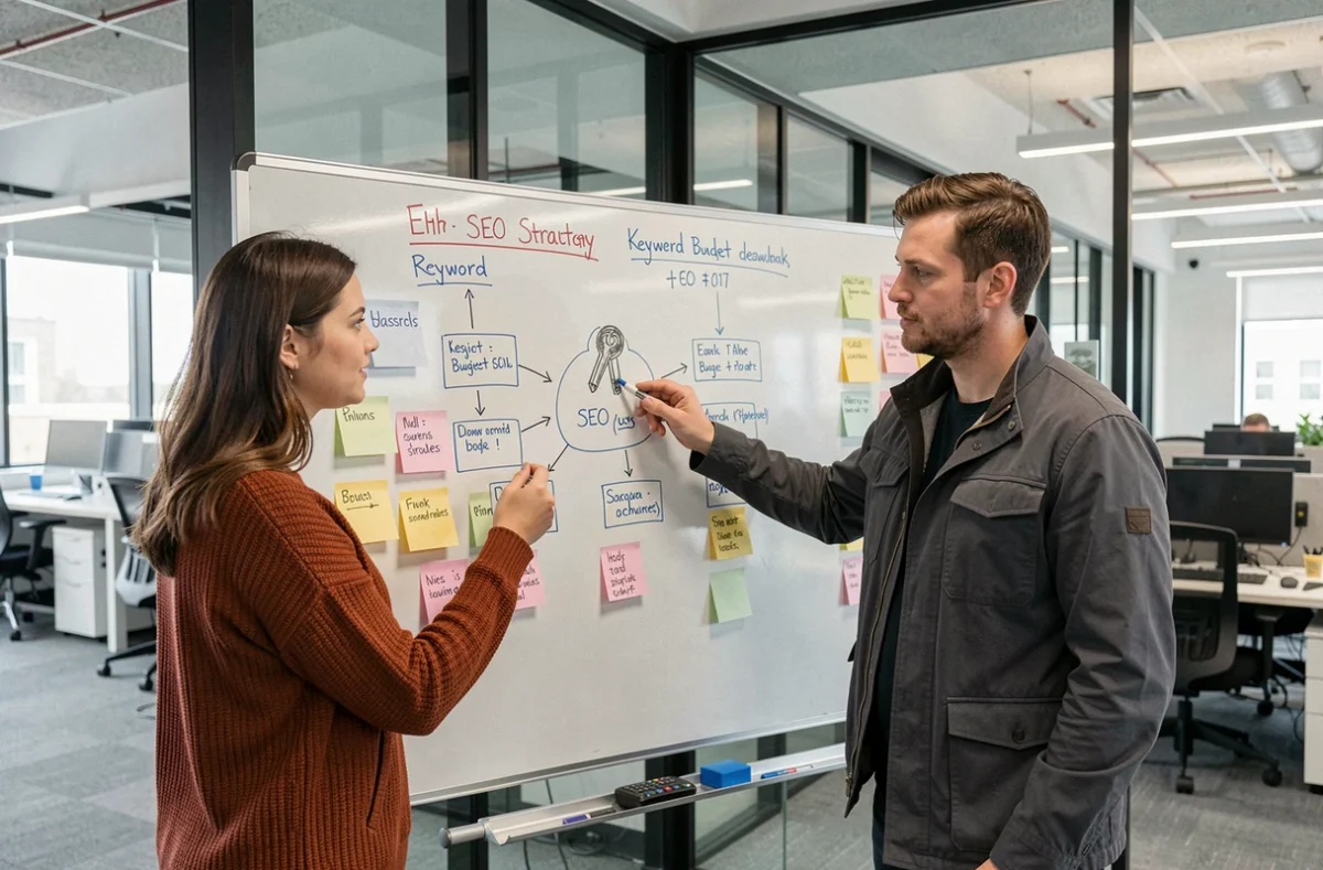 Deux collègues discutent du budget SEO devant un tableau blanc en agence digitale