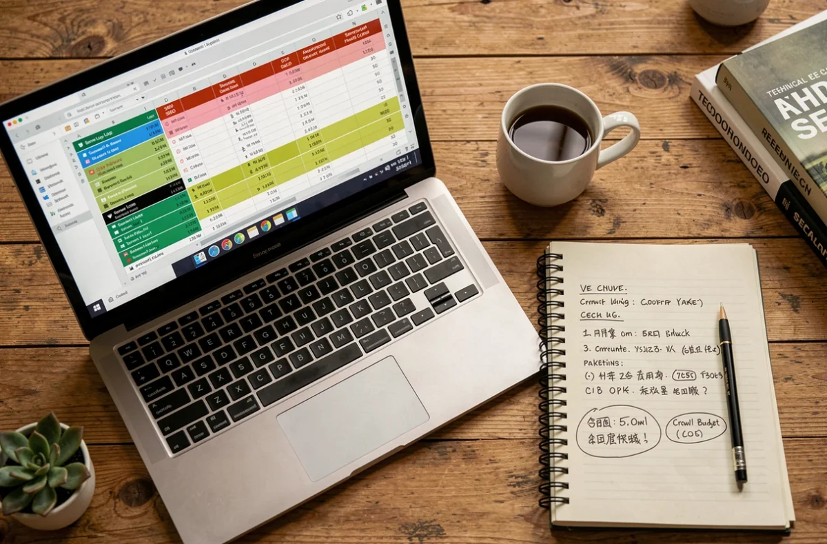 Bureau avec laptop affichant des métriques de logs serveurs, cahier de notes SEO et tasse de café pour l'optimisation du crawl budget