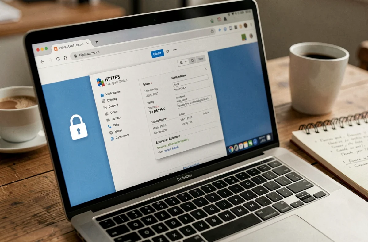 Écran d'ordinateur portable affichant un certificat SSL avec cadenas HTTPS dans un navigateur web