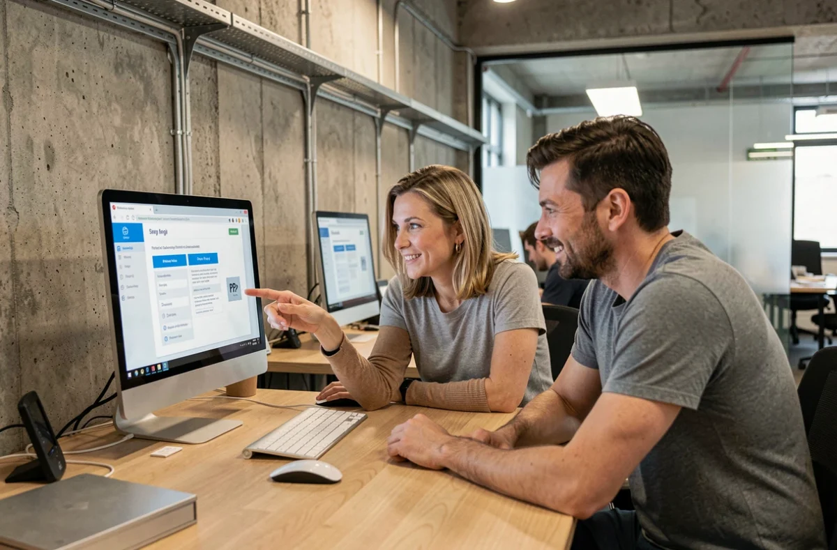 Deux collègues explorant un logiciel de chiffrement d'emails dans un espace de coworking