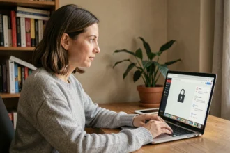 Femme utilisant le chiffrement d'emails sur son ordinateur portable dans un bureau à domicile