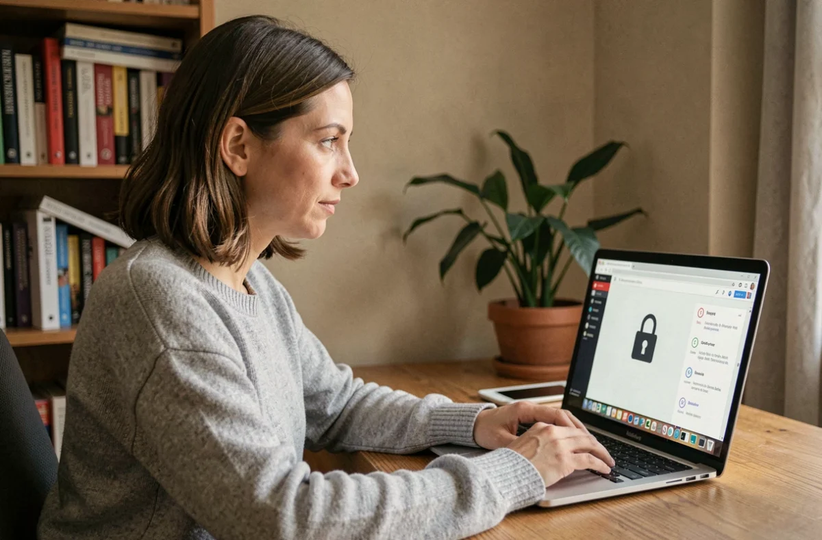 Femme utilisant le chiffrement d'emails sur son ordinateur portable dans un bureau à domicile