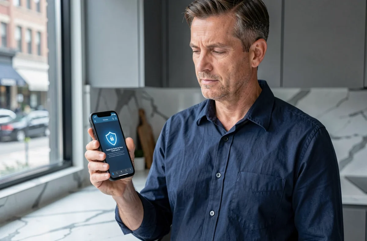 Homme consultant une application de chiffrement d'emails sur smartphone dans une cuisine moderne