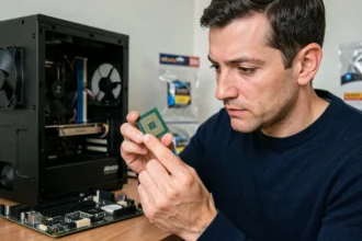 Ingénieur tenant un processeur CPU moderne entre les doigts dans un bureau informatique avec carte mère visible