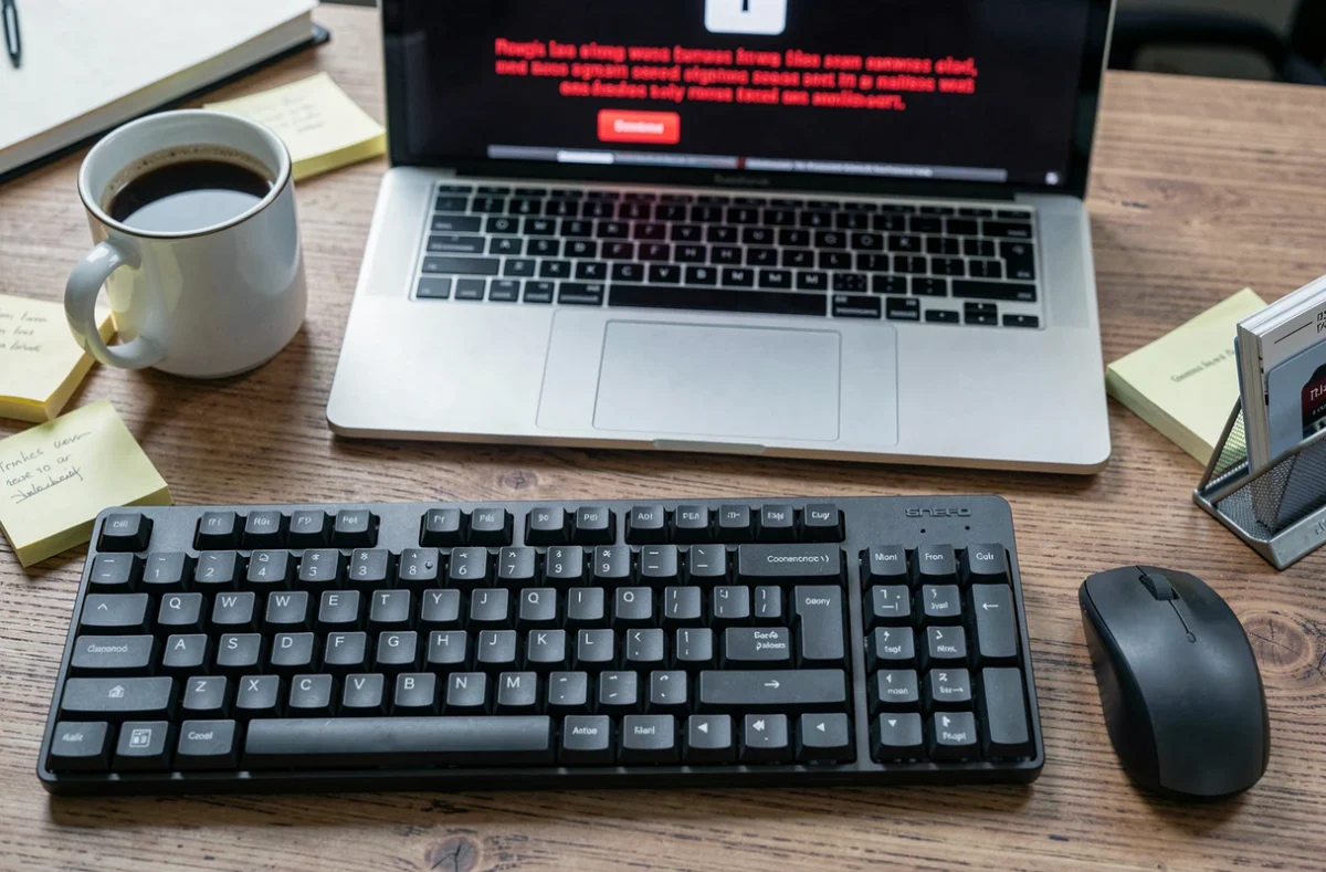 Clavier d'ordinateur de bureau avec écran affichant une alerte de ransomware en arrière-plan dans un environnement de petite entreprise