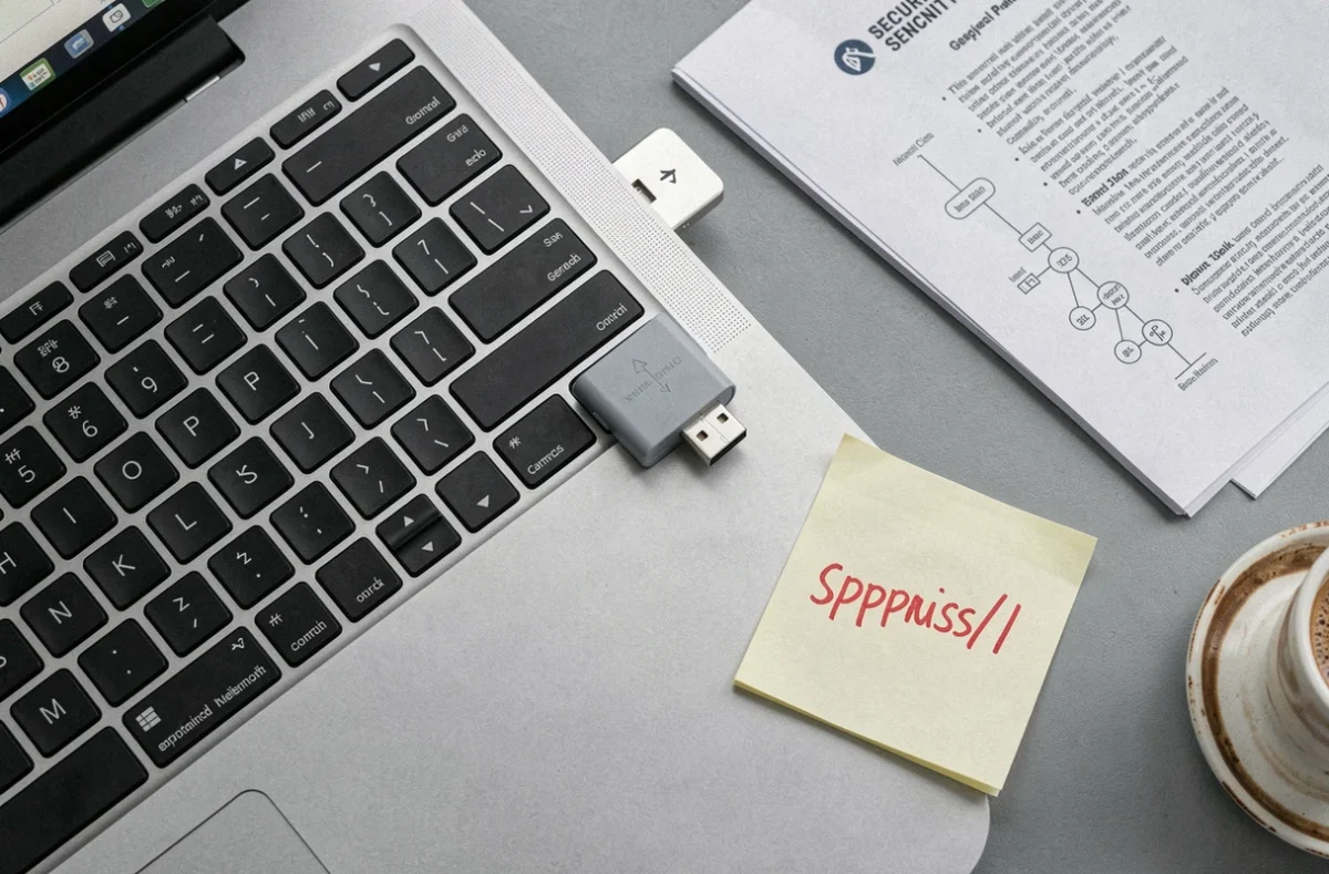 Clé USB suspecte connectée à un ordinateur portable entourée de documents réseau évoquant une menace informatique