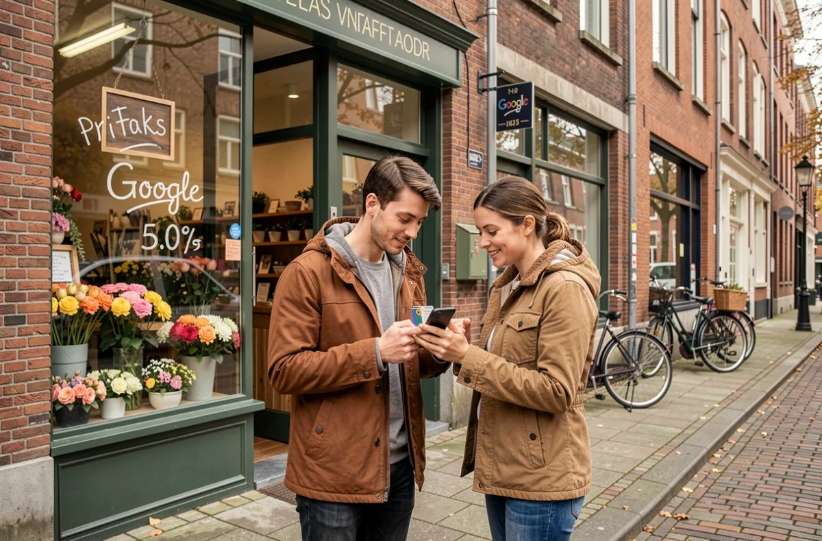 Couple de clients découvrant un commerce de proximité grâce à une recherche Google Maps sur smartphone dans une rue commerçante, démontrant l'impact du SEO local
