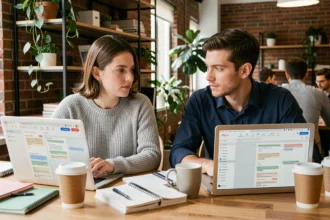 Deux professionnels travaillant simultanément sur un document partagé dans un espace de coworking moderne