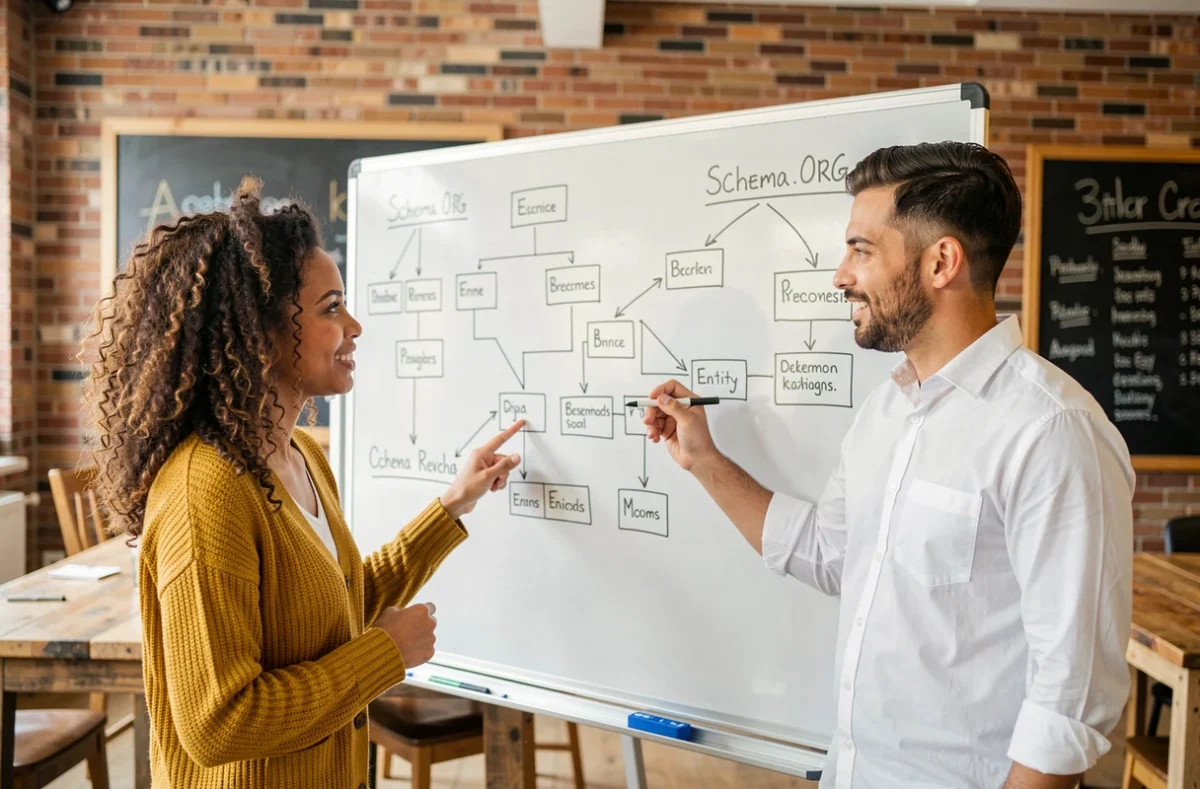 Deux collègues collaborant devant un tableau blanc couvert de diagrammes de balisage schema.org et de hiérarchies de données structurées