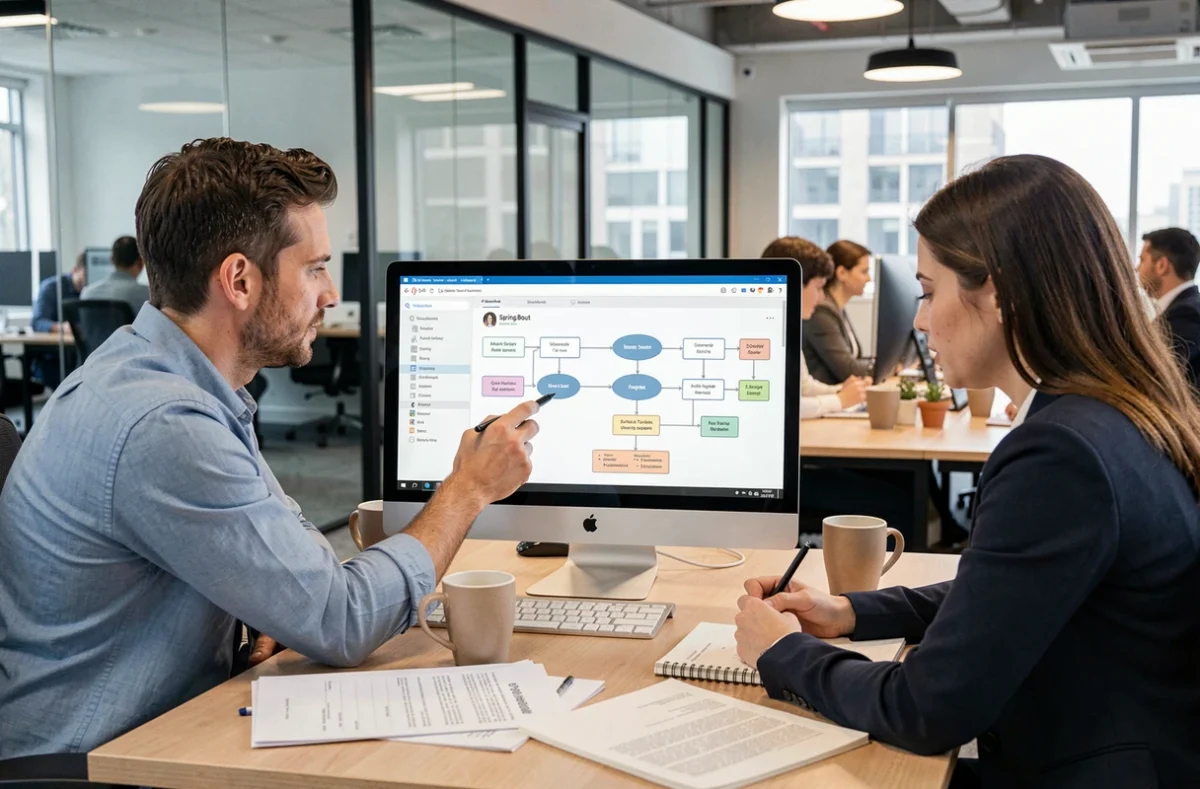 Deux développeurs collaborant sur un projet Spring Boot dans un espace de coworking