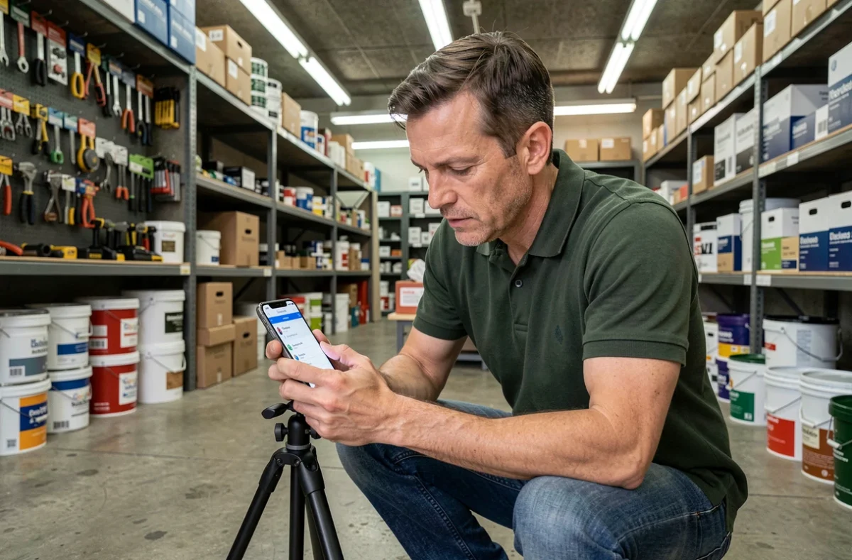 Commerçant de quartier optimisant sa fiche Google Business Profile sur smartphone dans sa quincaillerie pour améliorer son référencement local