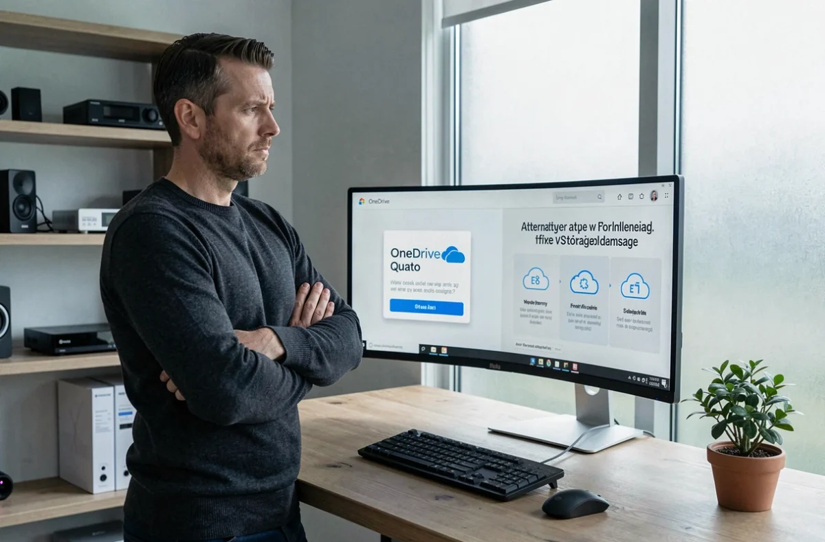 Homme évaluant les limites de stockage OneDrive face à des alternatives cloud sur deux écrans