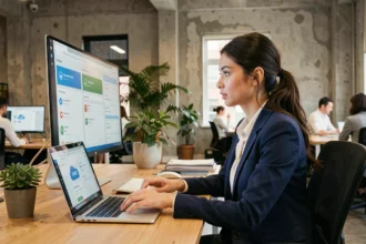 Femme professionnelle comparant des services de stockage cloud concurrents de Google Drive sur deux écrans dans un bureau moderne